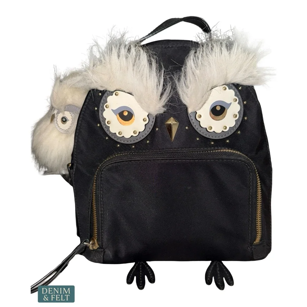 Kate Spade Owl Mini Backpack Novelty Black‎ Nylon Faux Fur Whimsical Animal Bag